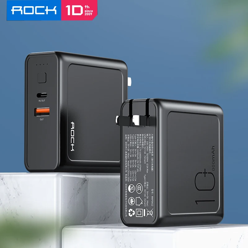 

ROCK 10000mah Power Bank With EU US Plug 3A Type-C and USBOutput Powerbank PD3.0+QC3.0 Fast Charger for iPhone Samsung Huawei