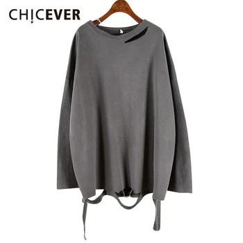 

CHICEVER Korean Hole Ripped Female T-shirts O Neck Long Sleeve Oversize Loose Casual Shirt For Women 2020 Autumn Fashion Clothes