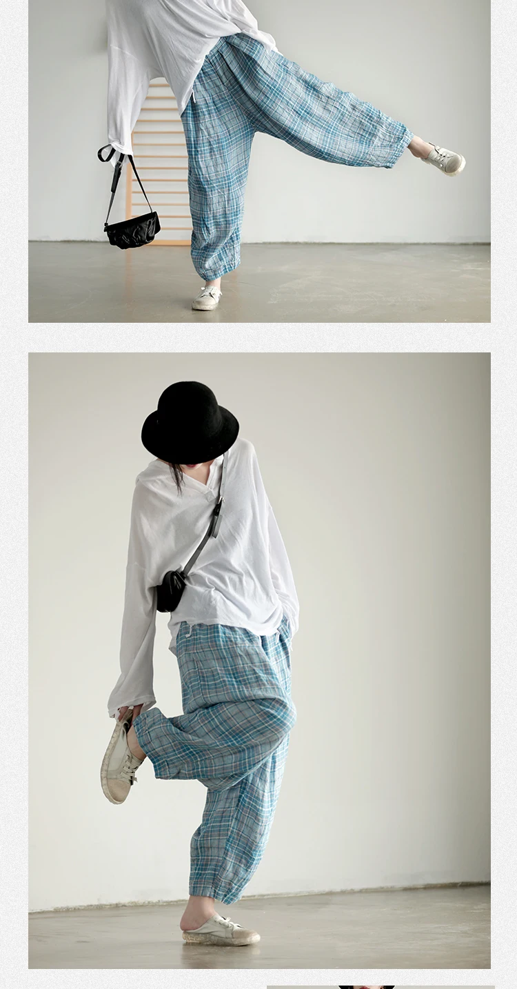 Autumn Woman Cotton Linen Pants New Big Size Plaid Loose Elastic Waist Vintage Casual Women Trousers YoYiKamomo