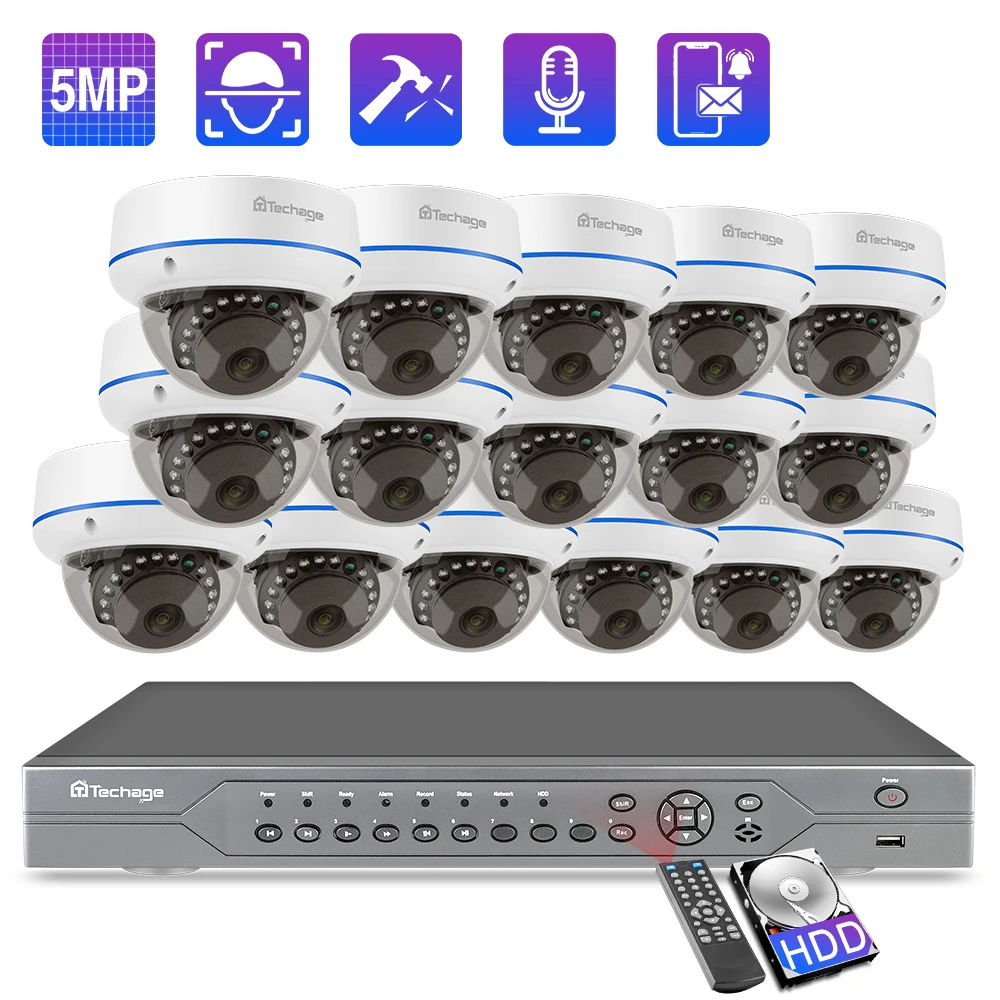 Techage 5MP 16CH POE Security Camera System Face Detection Audio Record Dome IP Camera CCTV Vedio Surveillance Camera Kit P2P
