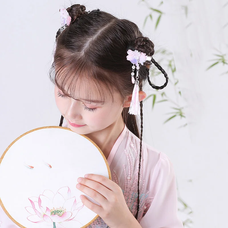 Головной убор Hanfu для девочек, супер волшебный древний головной убор Hanfu, аксессуары для волос, детская голова, цветок, кисточка, принцесса, аксессуары, шпилька, ретро