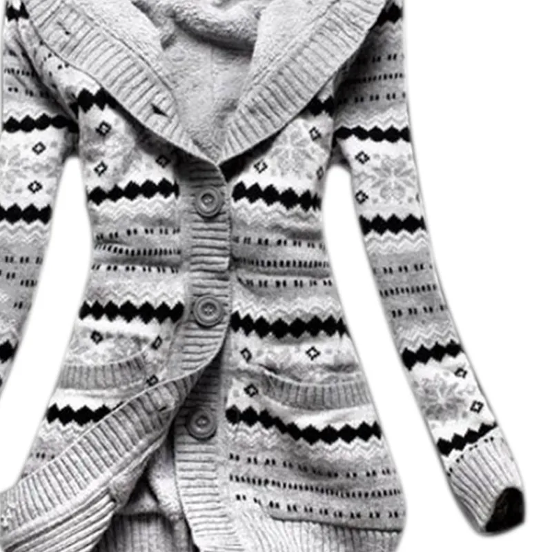 

2019 Long Hooded Cardigan Women Long Sleeve V-neck Single-breasted Contrast Color Knitted Cardigan Fleece Warm Coat Outerwear