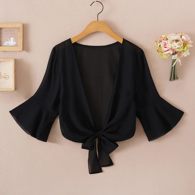 Summer Blouses For Women 2020 Woman V Neck Tie Waist Blouse Shirt Chiffon Black Ruffle Sleeve Top Lace Beach Blouse Cover Up 5