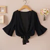 Summer Blouses For Women 2020 Woman V Neck Tie Waist Blouse Shirt Chiffon Black Ruffle Sleeve Top Lace Beach Blouse Cover Up 5