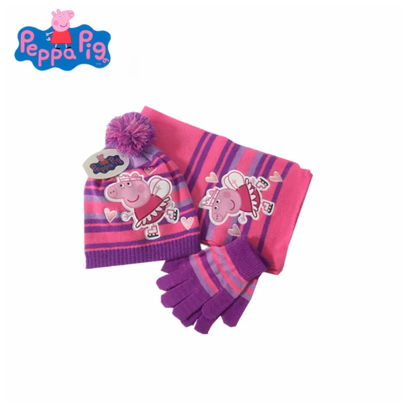 

Peppa Pig Pig Peggy Knitted Autumn Winter Scarf Gloves Knit Cap Three-Piece Fashion Joker Kids Essentials