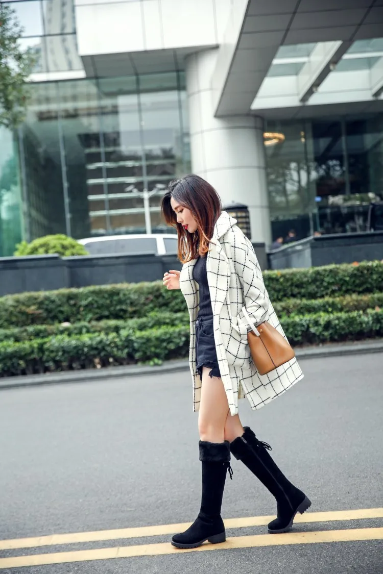 Boots Women Knee High Motorcycle Boots Bow-tied Slip On Martin Boots All Match British Style fashion warm plush Plus Size 44