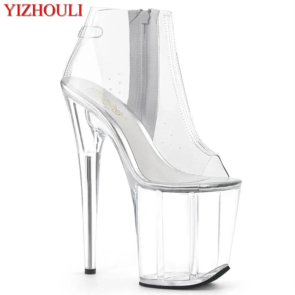 8 inch, crystal open toe boots, PU transparent upper, models use 20 cm stiletto heels for parties, sexy pole dancing shoes