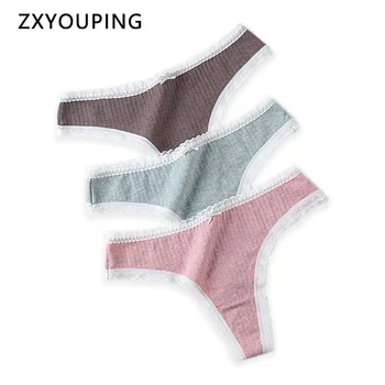 

3Pcs Color Cotton Thong Women Sexy Lace Panties Seamless Lingerie Soft Underwear Natural-silk Crotch Female G String Low Waist
