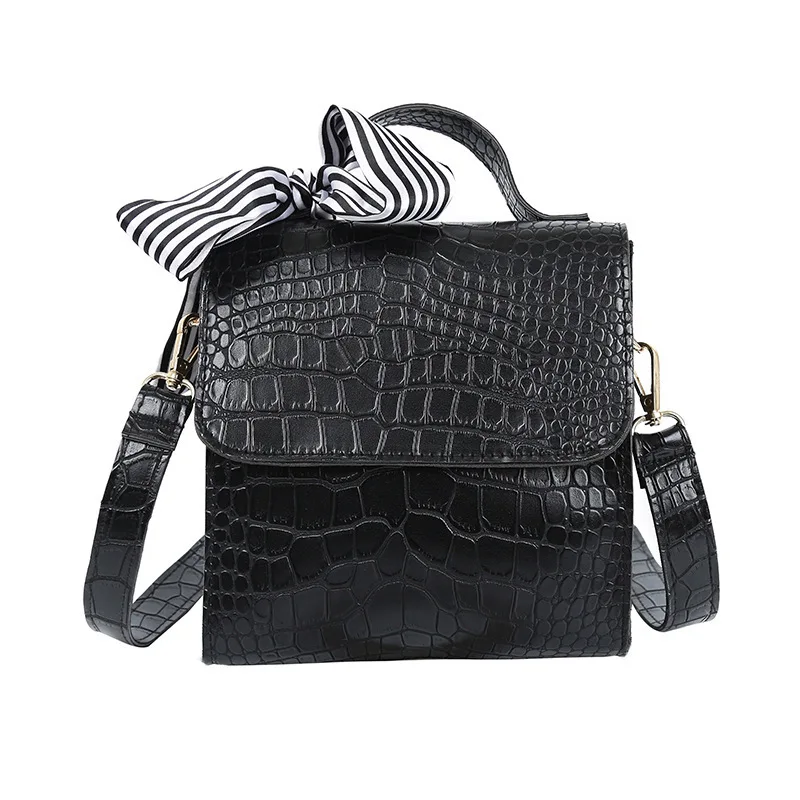 

Small square bag PU 2019 spring new women's bag shoulder soft face retro small fragrance wind ribbon ribbon crocodile pattern