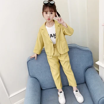 

6 8 10 12 year old casual girl suit new solid color loose jacket + trousers 2-piece children's wear party girl set