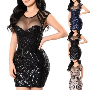 

Summer Sexy Dress 2020 New Women Dress Black Party Dress See Through Cocktail Bodycon O Neck Short Sleeve Sequins Mini Dress