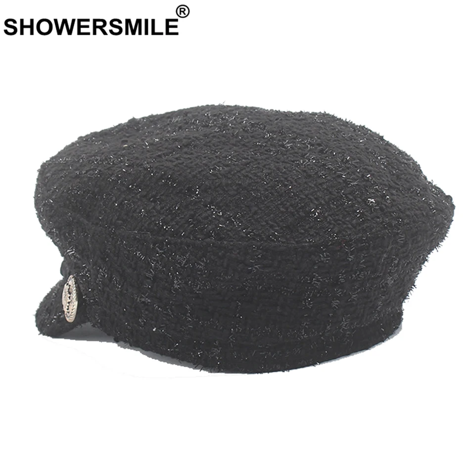 SHOWERSMILE, черная твидовая шляпа, женская военная шляпа, женская шляпа моряка, весна-осень, модная кепка Newsboy, плоская кепка, Брендовая женская шапка