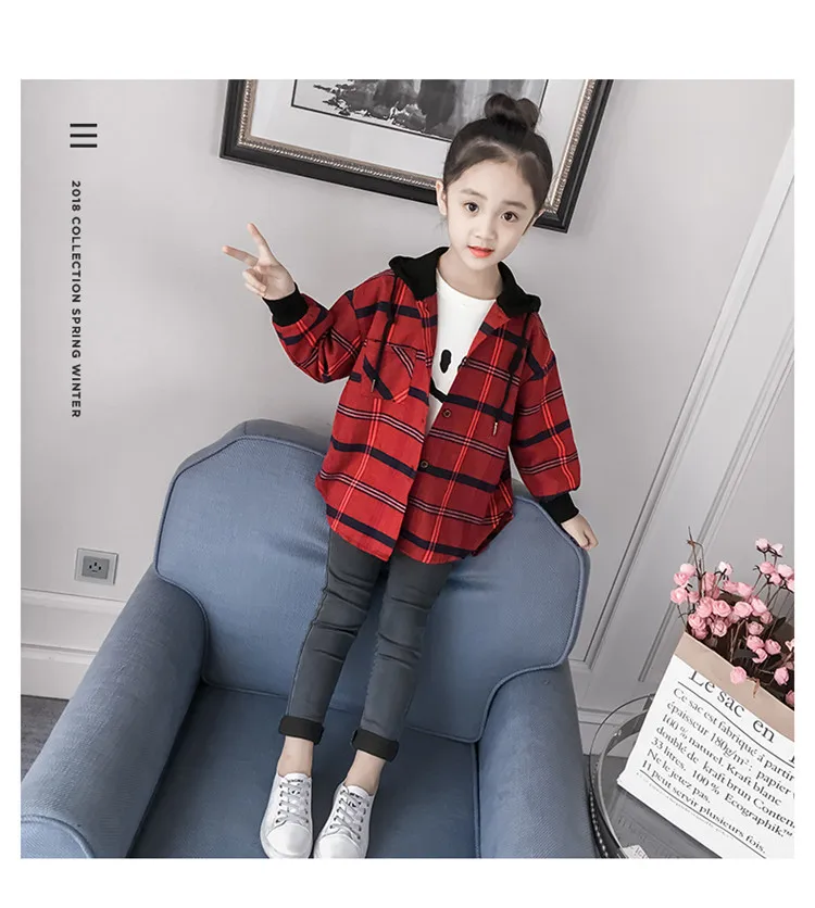 Girl'S Shirt New Style Spring And Autumn Children Plaid Shirt Long Sleeve Hooded Tops Childrenswear