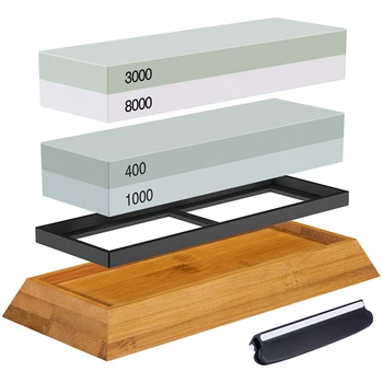 

EASY-Sharpening Stone Set, Whetstone 2-IN-1 400/1000 3000/8000 Grit, Waterstone Wooden Holder and Knife Guide Included