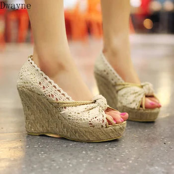 

2019 summer new women's fashion lace casual hollow fish mouth wedge with platform sandals
