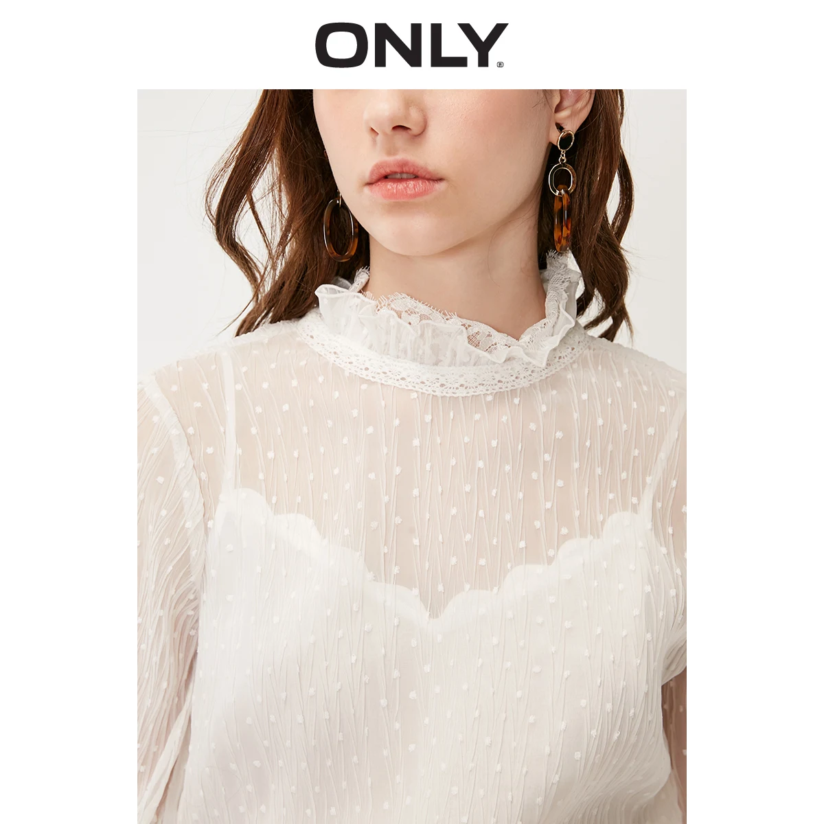 Только осень зима Женская свободная Облегающая белая кружевная шифоновая рубашка в горошек | 119207583