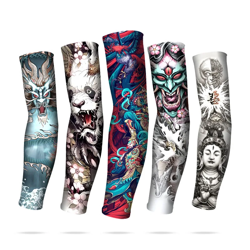 Китайские перчатки с татуировками, мужские нарукавники, уличные байкерские перчатки, солнцезащитные, рыболовные, длинные рукава из ледяного шелка, летние женские мужские рукава