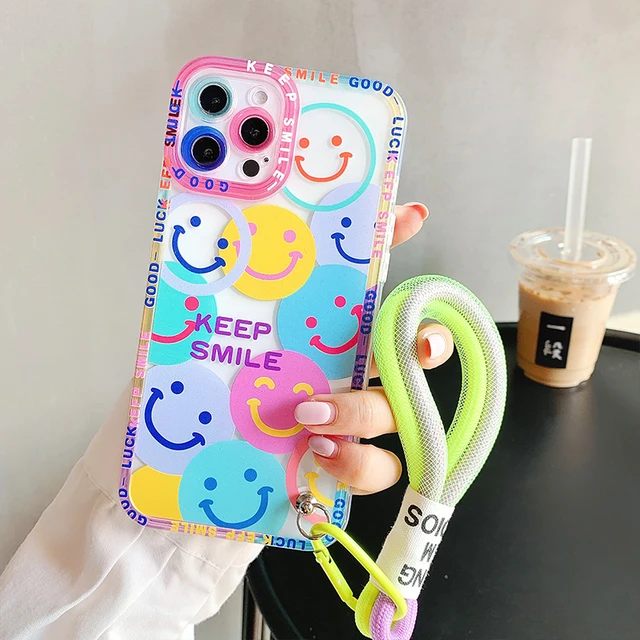Colorful Flowers Smile Strap Lanyard Phone Case For iPhone 13 Pro Max 12 11 X XS XR 7 8 Plus Cute Fashion Transparent Soft Cover Smile Strap