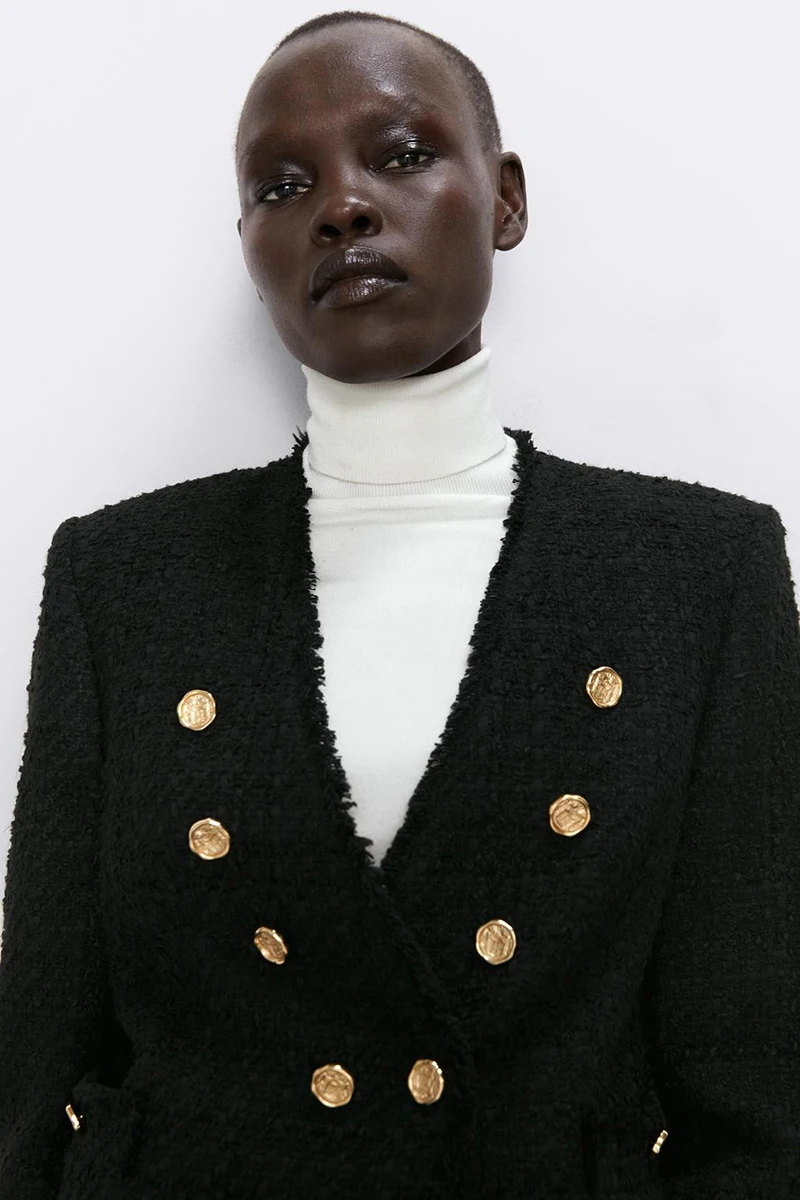 Женский двубортный черный пиджак, приталенное новое шерстяное пальто, осенне-зимняя одежда с заусенцами и пуговицами, Офисная Женская винтажная куртка