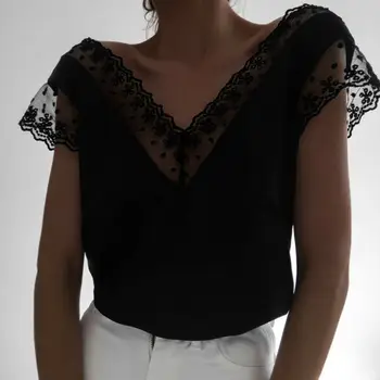 

UK Boho Solid Color Women V Neck Shirts Lace edge Short Sleeve Shirt Ladies Summer Casual Tops Blouse