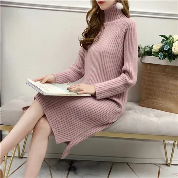 

Long Pullover Dress Women 2019 Autumn Winter Loose High Collar Bottom Sweater Dress Solid Color Pullover Knitted Dresses XIN239