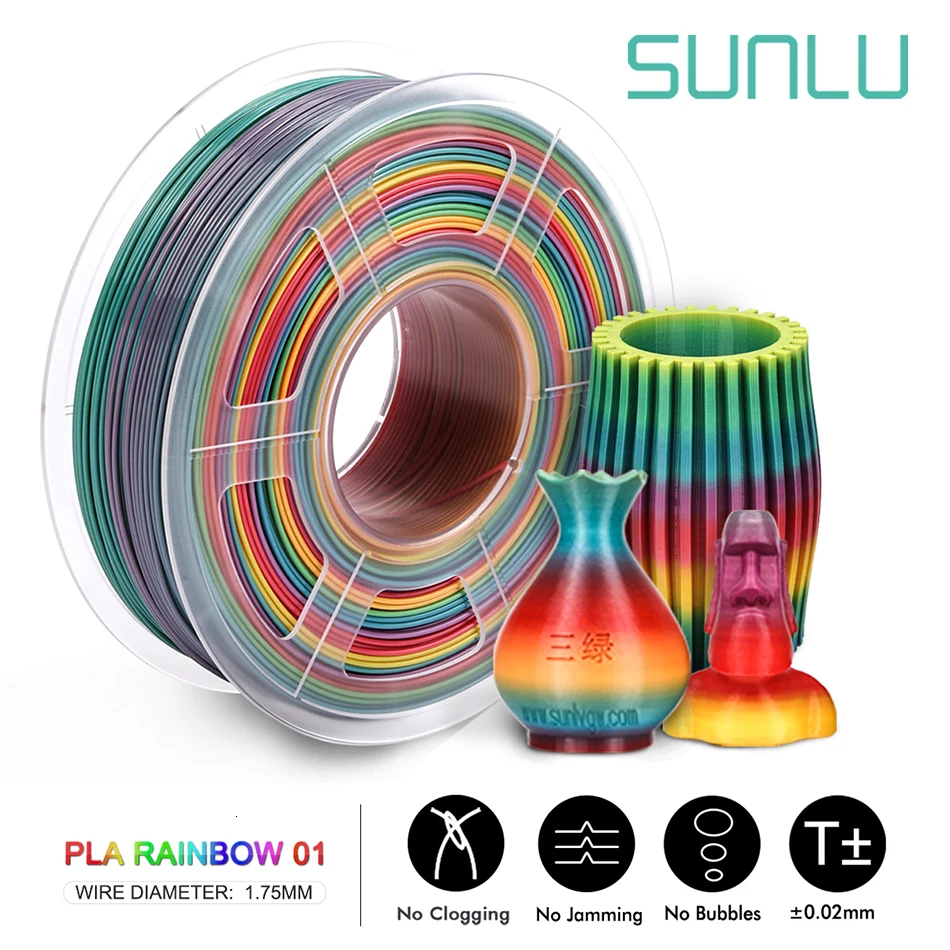 

SUNLU Rainbow PLA Filament 1.75MM 1KG 3D Printer Material Dimensional Accuracy +/- 0.02 mm With Spool Consumables