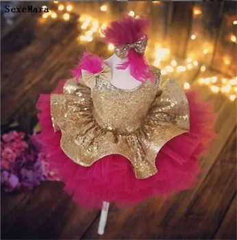 

Gold Sequins Top Rose Red Puffy Baby Girls Clothes for Birthday with Bow Headpiece Infant Toddler Dress Size 3M 6M 9M 12M 24M