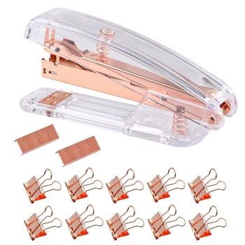 

Rose Gold Stapler Acrylic Desktop Stapler with 1000 PCS Rose Gold Staples and 10 Pieces Blinder Clips for Office School Home Acc