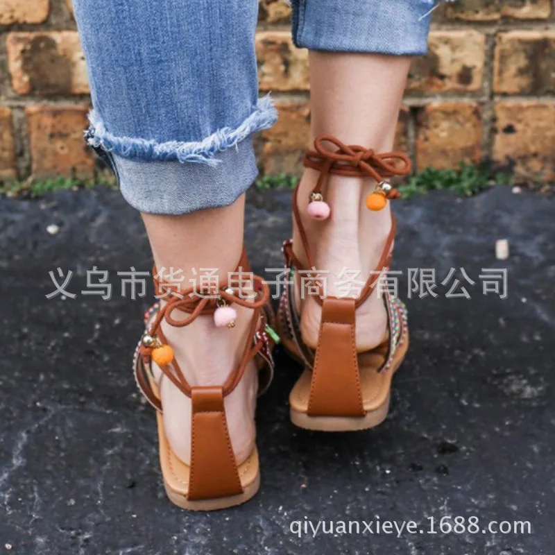 

2018 New Style Hot Selling WM WOMEN'S Shoes Bohemian Ethnic-Style Flat Sandals Lace-up Sandals Large Size