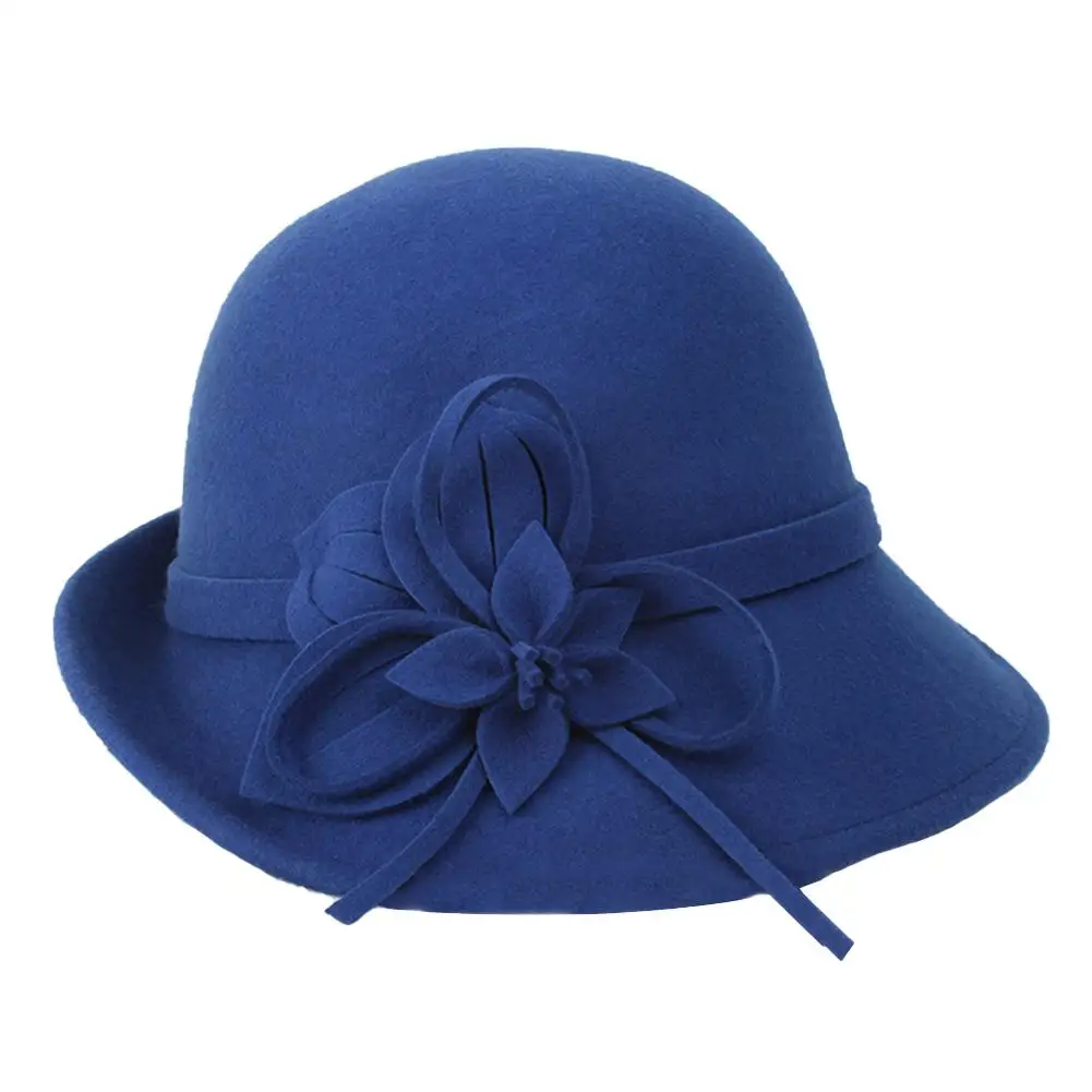 Navy Blue Осенне-зимняя женская зимняя шапка в стиле ретро из искусственной шерсти, фетровые шапки-Котелки с цветами, шапки-котелки в стиле ретро, теплые женские шерстяные шапки - Цвет: Navy Blue