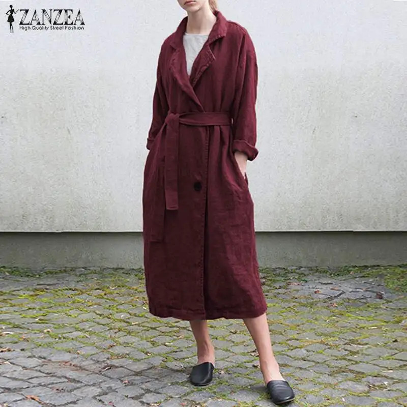 

ZANZEA Vintage Women Laple Neck Long Jackets Autumn Cotton Linen Cardigan Coats Casual Long Sleeve Buttons Windbreaker Outwear
