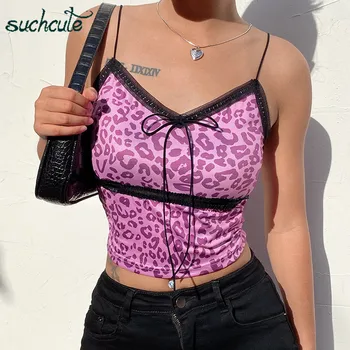 

SUCHCUTE 90s aesthetic top spaghetti straps Y2K women tshirt summer 2020 bow satin tops lace tees female Leopard print E-girl