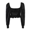 Vintage Long Sleeve Bandage Cross Lacing up Cropped Shirt Women French style Ladies Wood ears Dropped Slim Crop Top Sexy blouses ► Photo 3/6