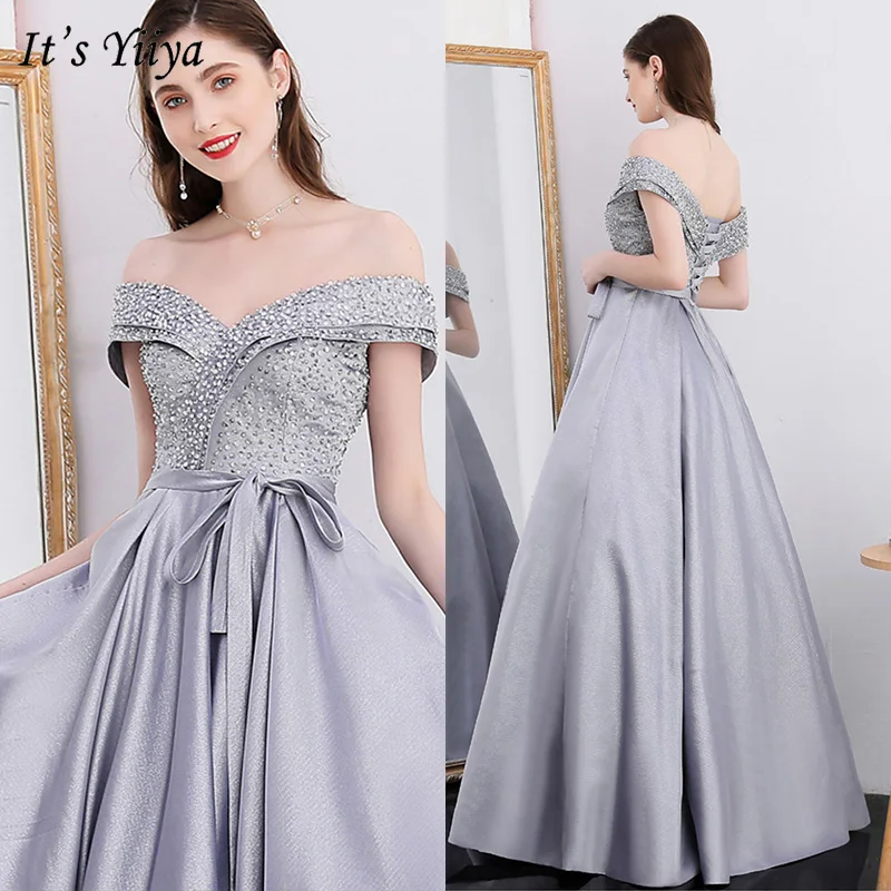 

It's Yiiya Evening Dress 2019 Off Shoulder Sequins Bow Floor Length Dresess Elegant Party Boat Neck Ball Gowns Plus Szie E1045