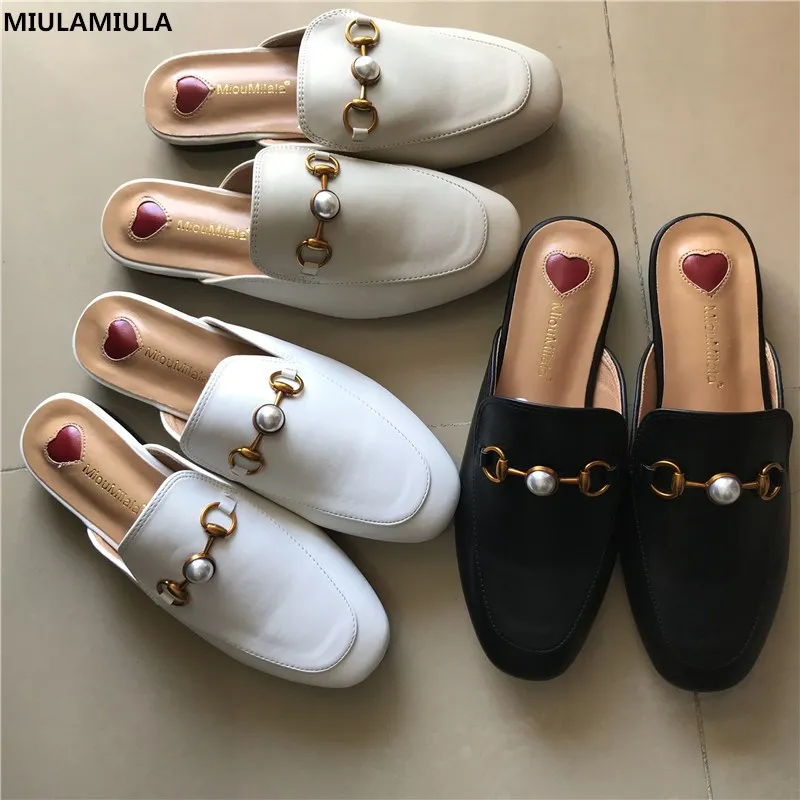 Najtaniej MIULAMIULA projektanci marki 2019 zima luksusowe czarne morele metalowy łańcuch płaskie skórzane kapcie poślizgu na futro slajdy mokasyny muły