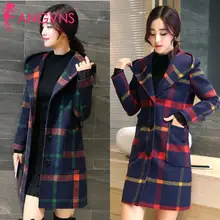 Новые модные женские повседневные с капюшоном Длинные выше колена кнопки, карман рукав пледы Обычная посадка кнопки пальто Верхняя одежда
