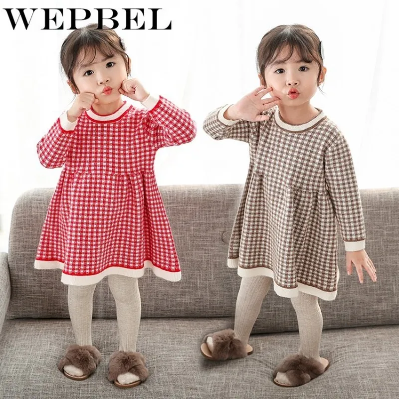WEPBEL/платье-свитер в клетку для девочек; сезон осень-зима; детская одежда для малышей; платье для девочек; детские рождественские платья принцессы