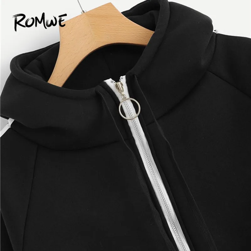 Romwe спортивный реглан с длинными рукавами куртка на молнии Для женщин осень Пальто с капюшоном и длинными рукавами тренировки Черная курточка Фитнес Спортивная одежда для бега