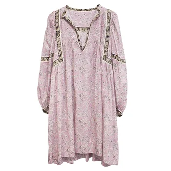 

2020 Spring / Summer New Floral Printing V-neck vintage Lantern Sleeve Loose Two-piece Female Mini Dress