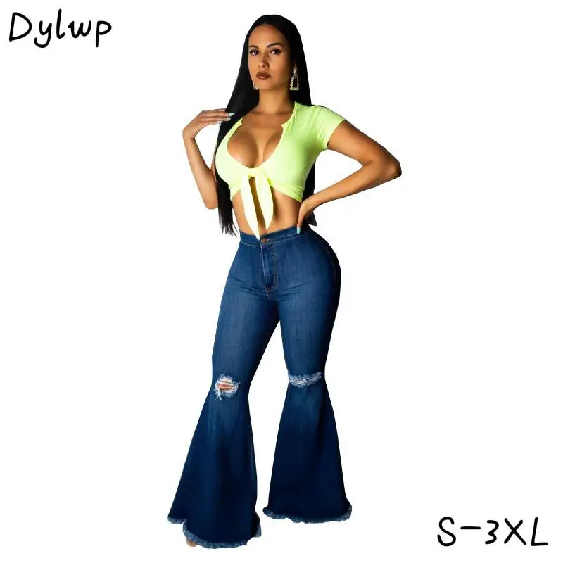 

Women Bell Bottom Jeans Fashion Retro Knee Hole Jeans Female Wide Leg Ripped Trousers Casual Lady Sexy Skinny Denim Pants