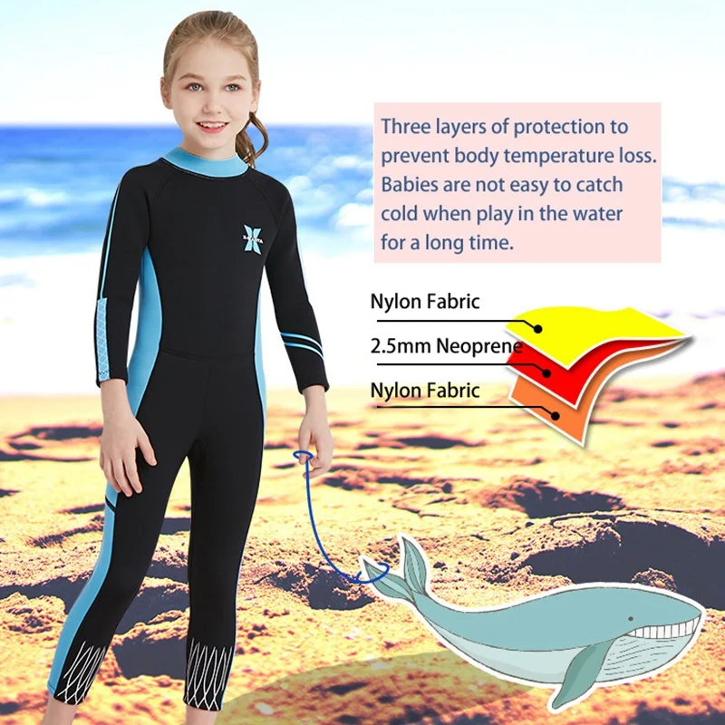 Dive& Sail, черные, синие, 2,5 мм, неопреновые, милые, для девочек, термальные, гидрокостюмы, детские, для всего тела, для дайвинга, купальники для серфинга, солнцезащитный, сохраняет тепло