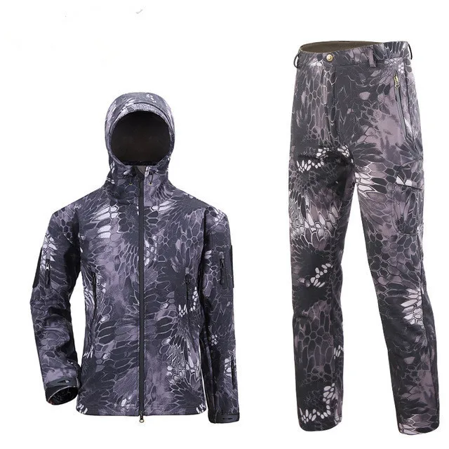 Tactical Camouflage Suits Men Women Waterproof Shark Skin Soft Shell Jacket Pants Outdoor Trekking Hiking Camping Hunting Sets - Color: Black Python