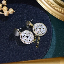 

French Style Exquisite Circle CZ Hollow Round Earring for Lady 14K Real Gold Luxury Temperament Stud Earrings Wedding Jewellery