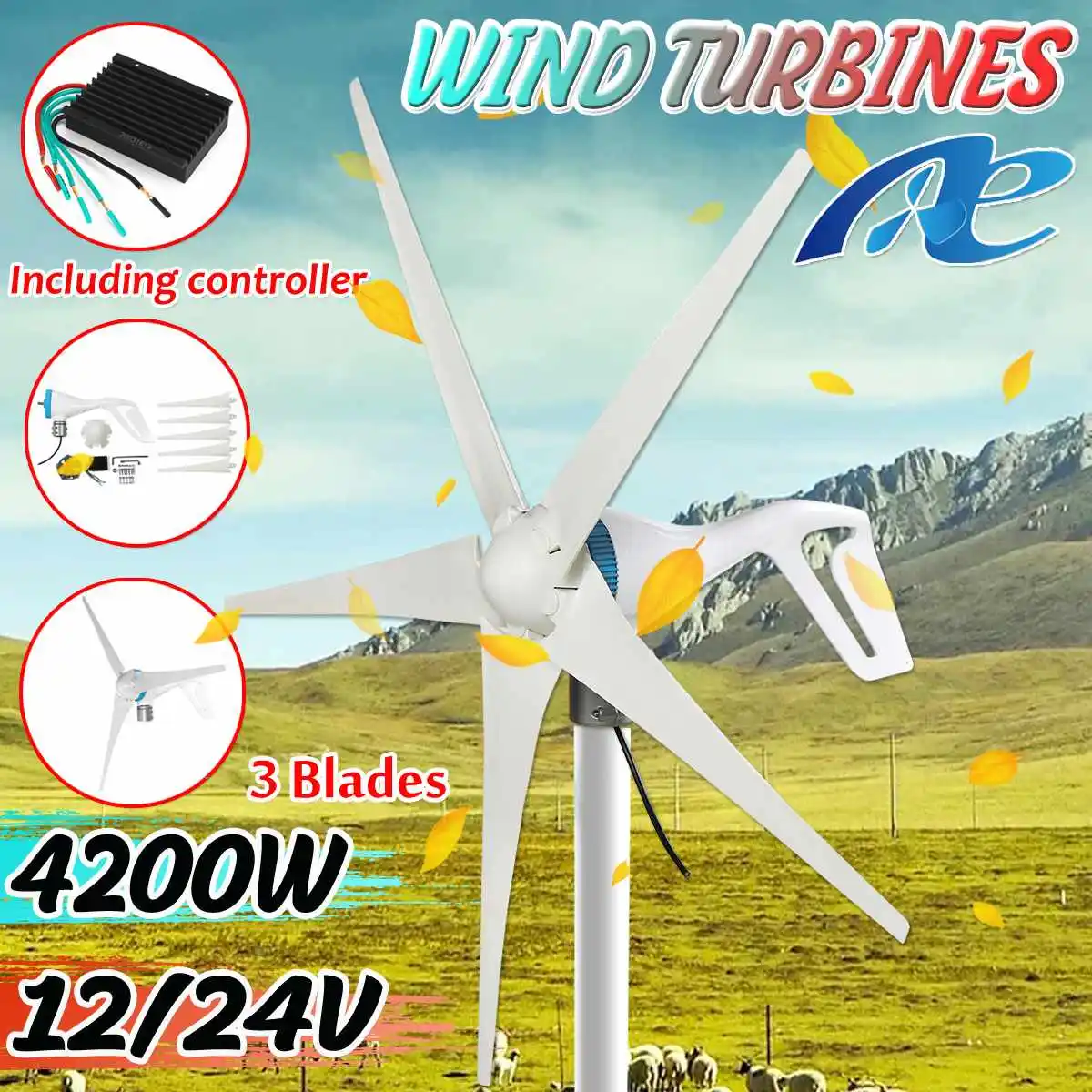 4200W 5 Blades Free Energy Windmill 12V 24V Wind Power Turbine Generator with Controller for Home Outdoor Camping Use | Обустройство