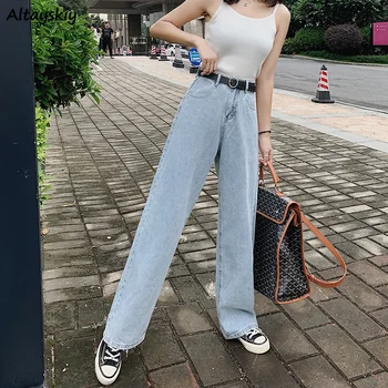 

Jeans Women Full Length High Waist Pocket Solid Denim Elegant Wide Leg Trousers Womens All-match Harajuku Korean Style Casual