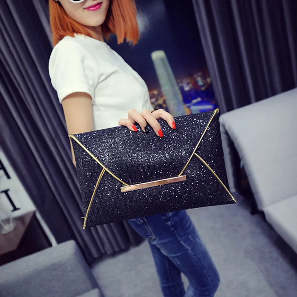 Women Evening Bag Pouch Sequins Envelope Black Handbag Sparkling Party Bag Solid Wedding Day Clutch - 4000179666759
