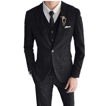 

Autumn new black silk men's plaid 3 piece set, (jacket + pants + vest) S-3XL groom wedding party formal dress suit