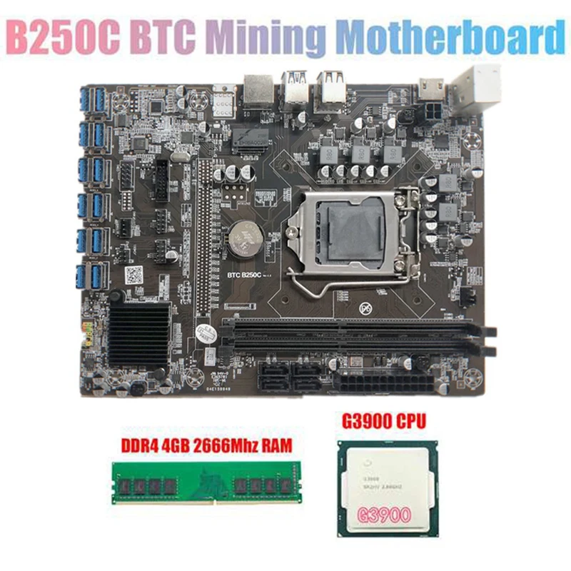 Материнская плата B250C для майнинга BTC с процессором G3900 + DDR4 4 Гб 2666 МГц ОЗУ 12xpcie на