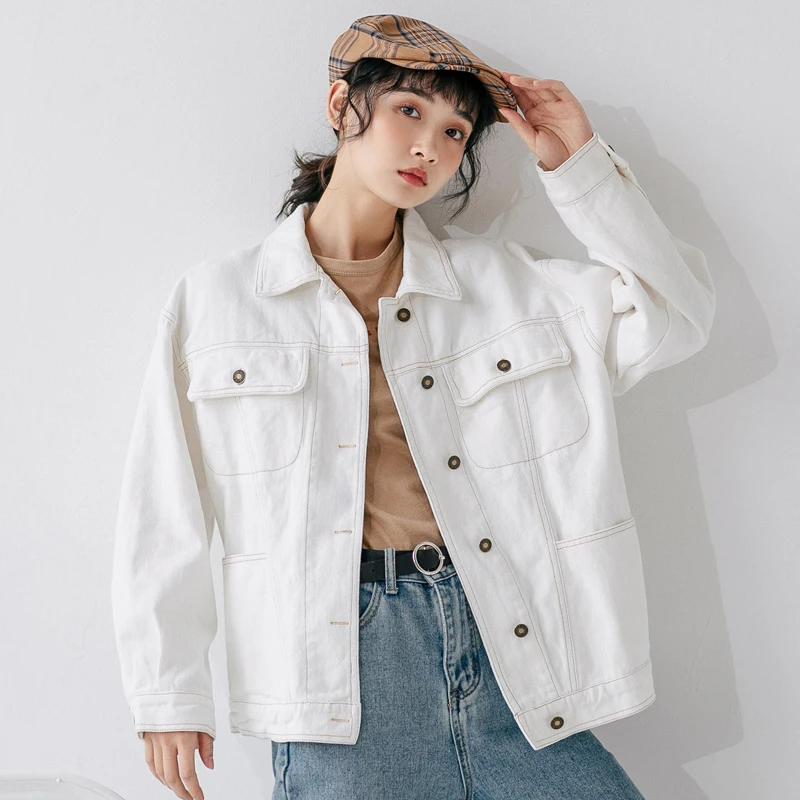 

2019 Autumn Winter Korean Loose Denim Woman jacket Preppy Style Long Sleeve Coat woman Cargo Turn-down Collar Jacket