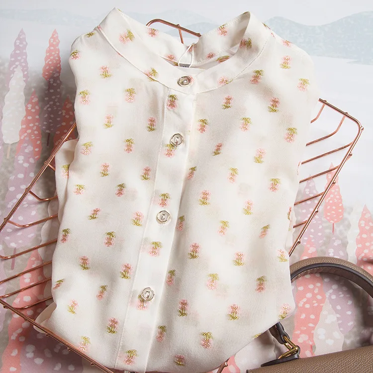 Designer de Seda Bordado Floral Pequeno Seda Amoreira Fada Camisa Feminina 100% 4 Cheap Camisa